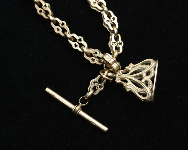 A RARE GEORGIAN 9CT GOLD HAND CUT NECKLACE WITH Victorian 9CT FOB ADDITIONS.