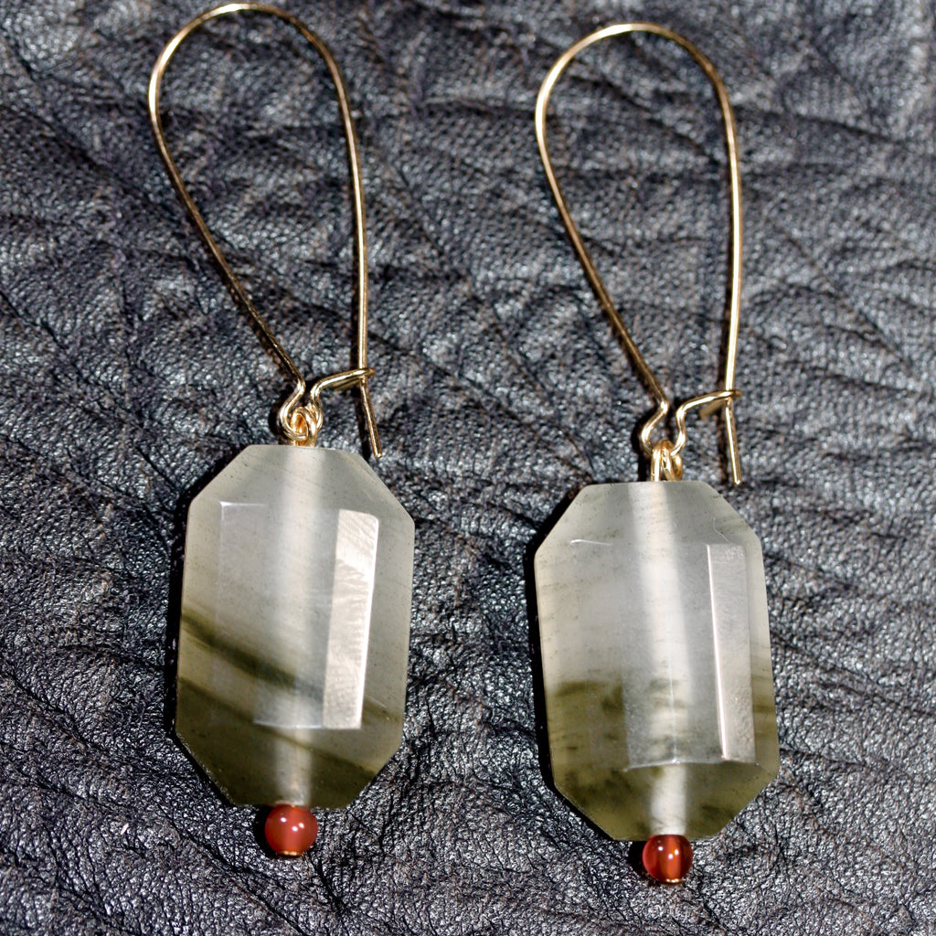 Faceted Prehnite and carnelian bead Earrings - Gold plated hooks