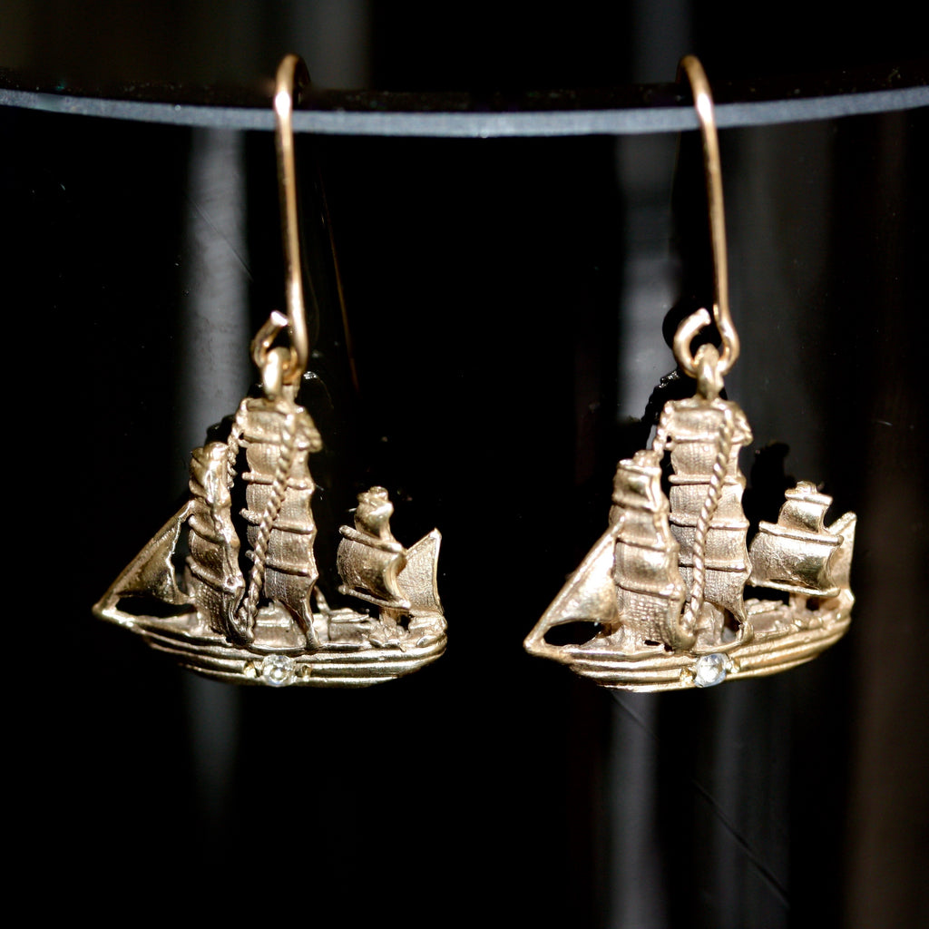 Golden Moon Pirate Ship Charm Earrings