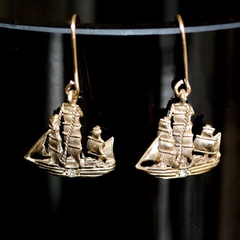 Golden Moon Pirate Ship Charm Earrings