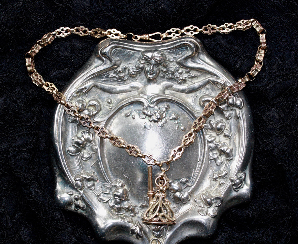 A RARE GEORGIAN 9CT GOLD HAND CUT NECKLACE WITH Victorian 9CT FOB ADDITIONS.