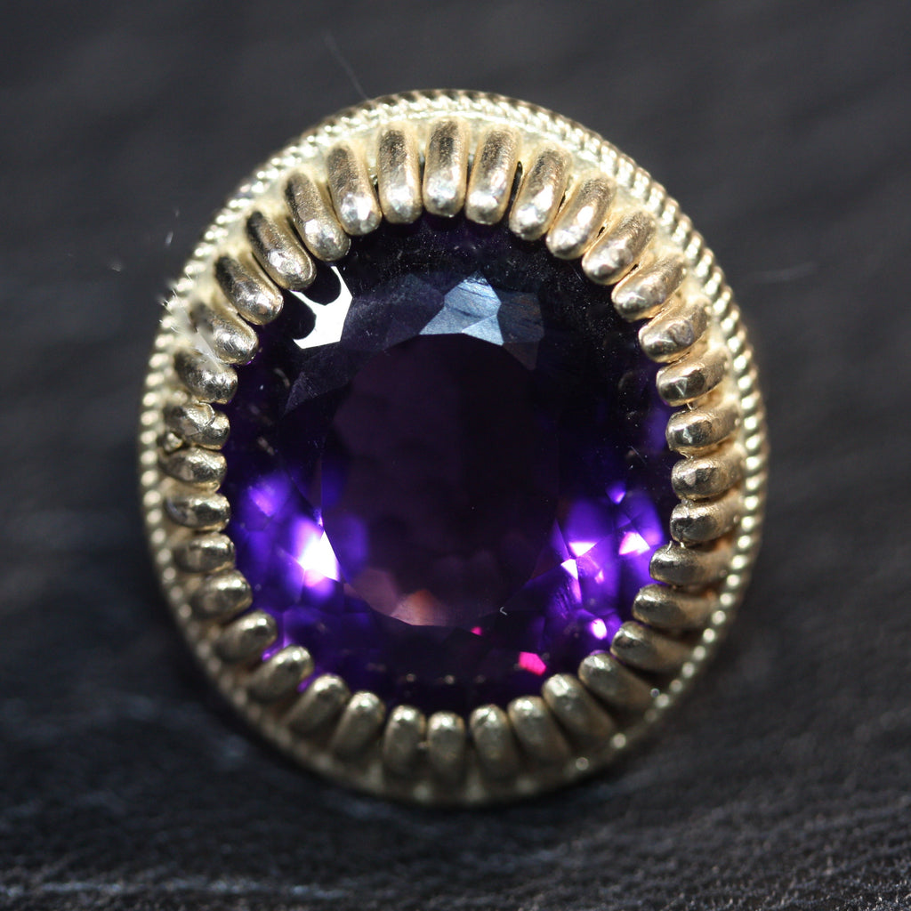 A Golden Amethyst Large Tudor Throne Ring