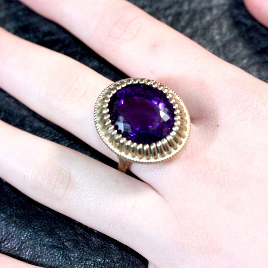 A Golden Amethyst Large Tudor Throne Ring