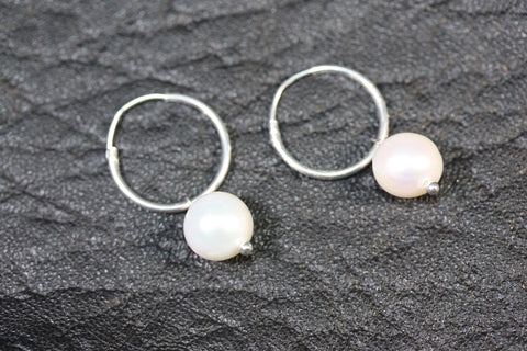 Sterling Silver hoops Pearl Earrings small- SALE