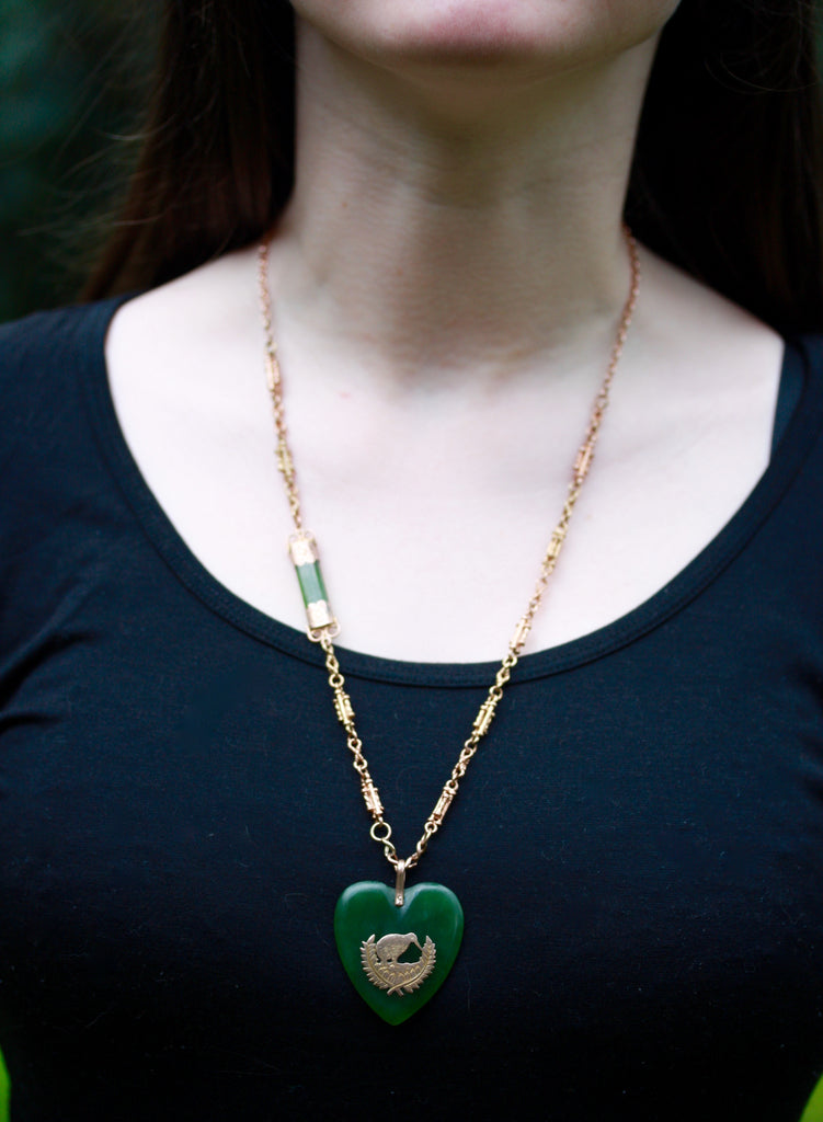 Gold Fob necklace with Pounamu Heart.
